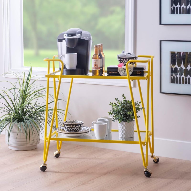 Linon Gina Yellow Mid Century Bar Cart with Mirrored Shelves by - Image 5